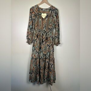 NWT PAANI Love Bohemian Chic Flowy Women's Paisley Long Sleeve Maxi Dress
